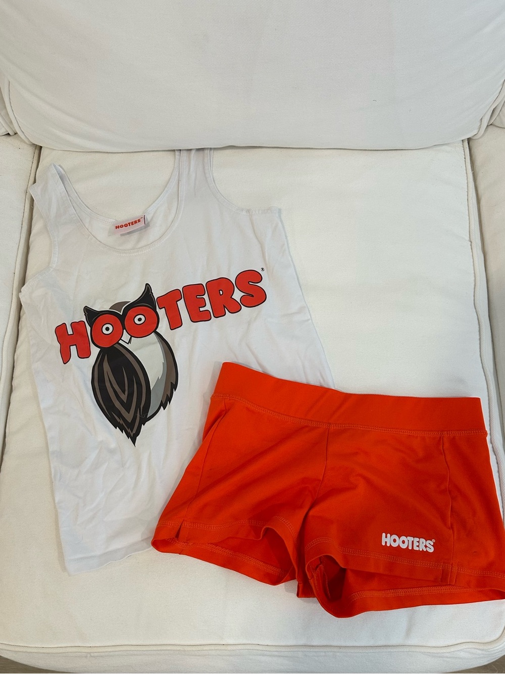 Hooters White Tank with Orange Logo and Orange Shorts